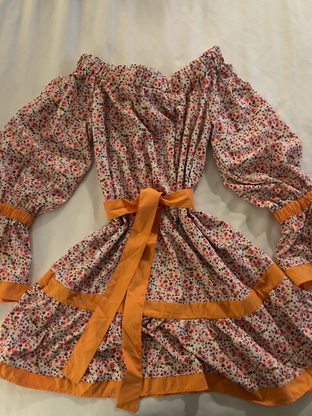 Girls Floral Off-Shoulder Dress with Yellow Trim